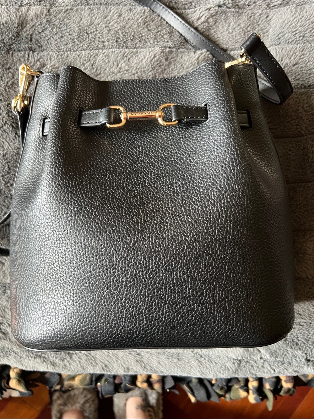 Michael Kors Carson Medium Black Pebbled Leather Drawstring Shoulder Bag